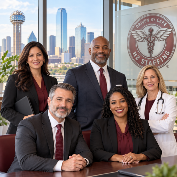 H2 Staffing healthcare leadership team with the Dallas skyline